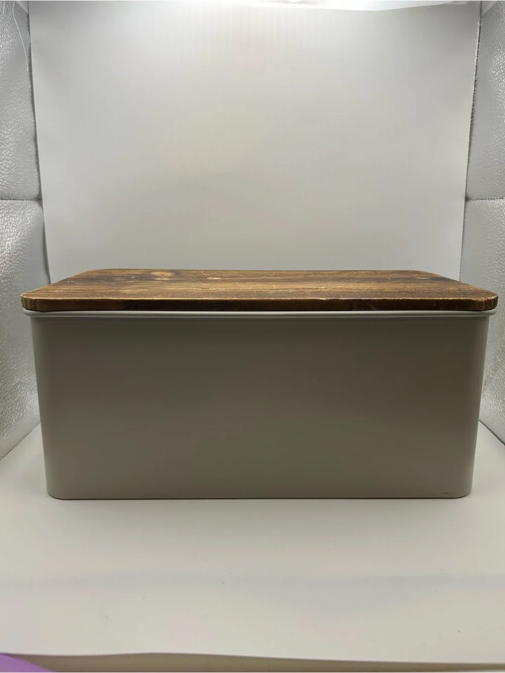 Rustic Cream Metal Bread Box with Wooden Lid Country Kitchen Storage